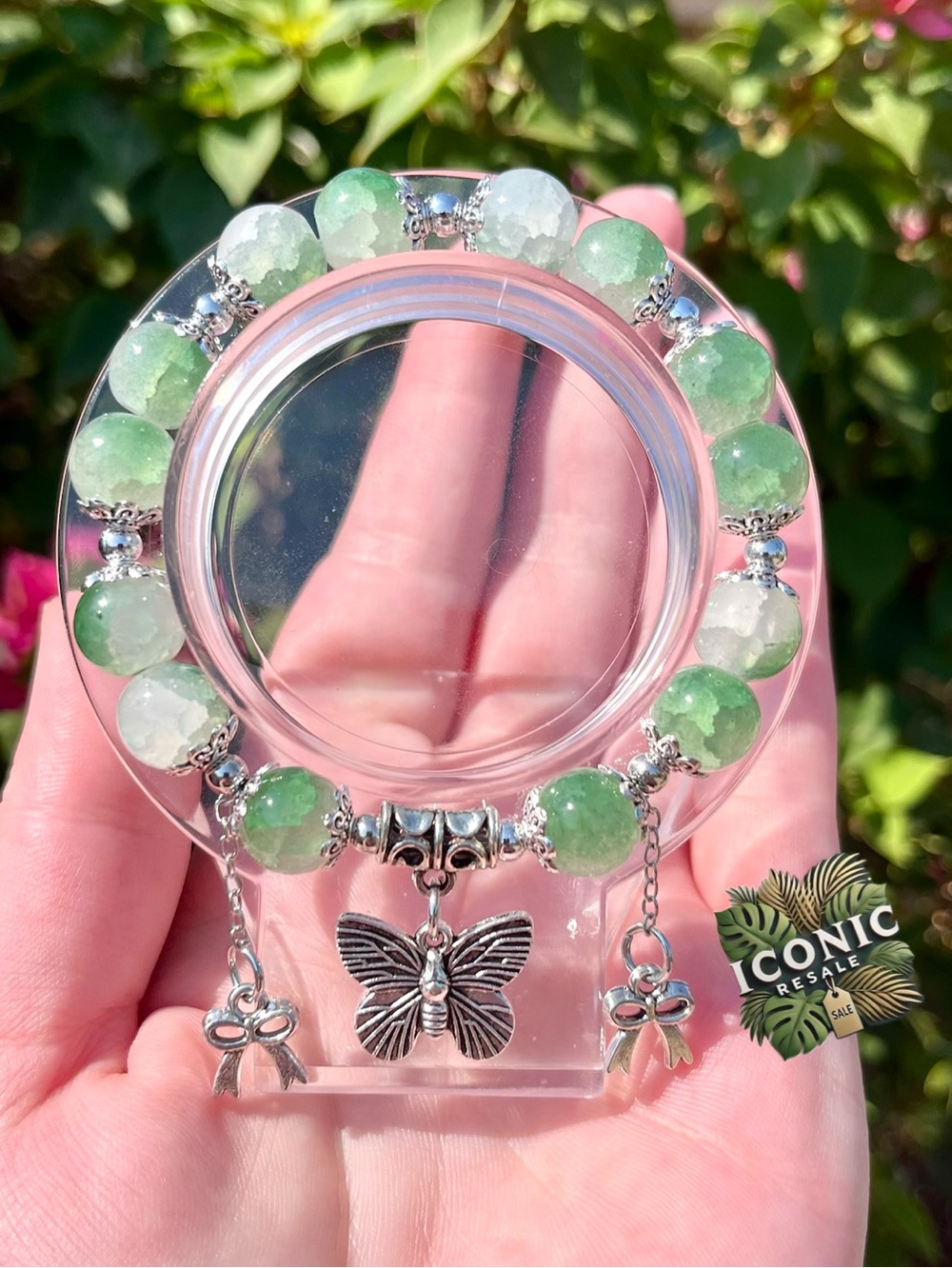 Boho Bows & Butterfly Green Glass Beaded Bracelet NWOT